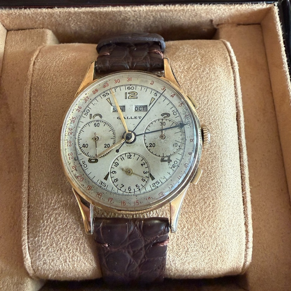 Gallet Vintage Chronograph Watch in 18k Solid Gold with Day, Date and month
